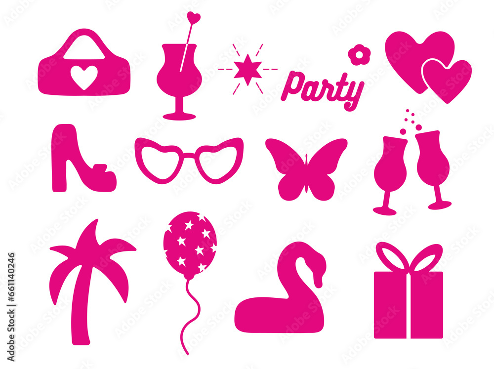 Popular pink collection for girls. heart, daisy, shoe, butterfly, star. logo, sticker, isolated elements on a white background. for print, banner, postcard. art png illustration. barbie Popular pink collection for girls. heart, daisy, shoe, butterfly, star. logo, sticker, isolated elements on a white background. for print, banner, postcard. art png illustration. barbie