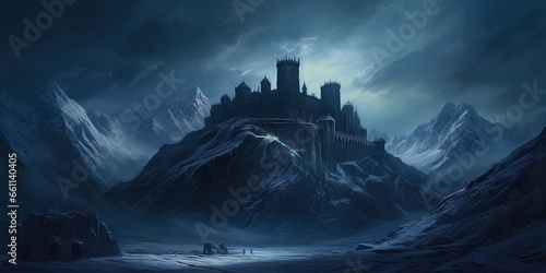 Foto Old historic medieval fantasy castle in snow covered dark mountains at night
