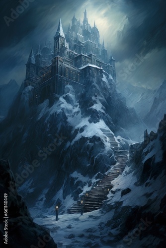 Old historic medieval fantasy castle in snow covered dark mountains at night. Blue Heus