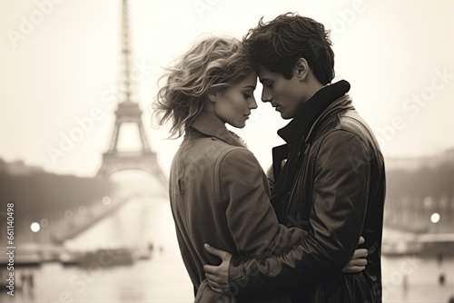 Couple in love. Kissing in the streets of Paris with Eiffel Tower in background. Generative Ai