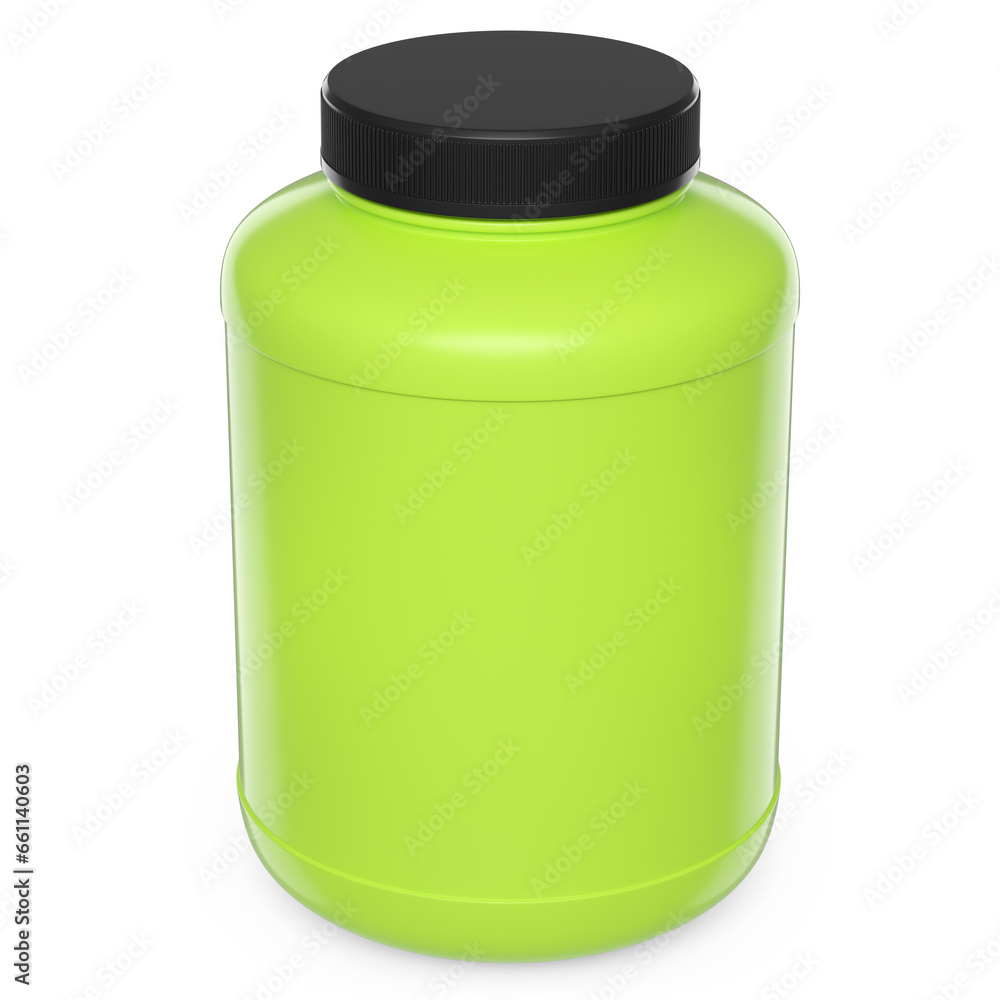 Green plastic jar for sport nutrition whey protein powder isolated on white Green plastic jar for sport nutrition whey protein powder isolated on white