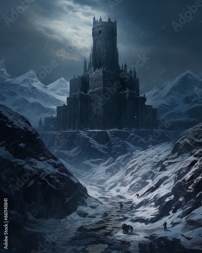 Old historic medieval fantasy castle in snow covered dark mountains at night. Blue Heus
