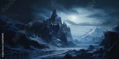 Old historic medieval fantasy castle in snow covered dark mountains at night. Blue Heus © W&S Stock