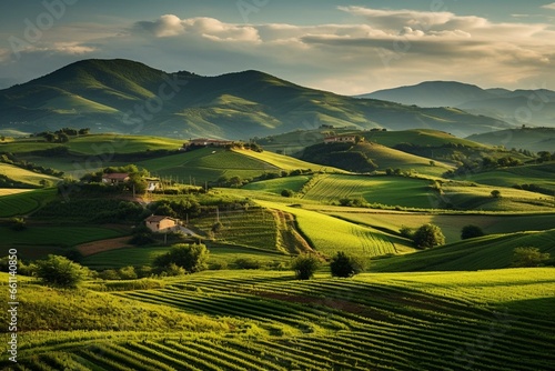 Scenic countryside with cultivated fields in Marche, Italy. Generative AI