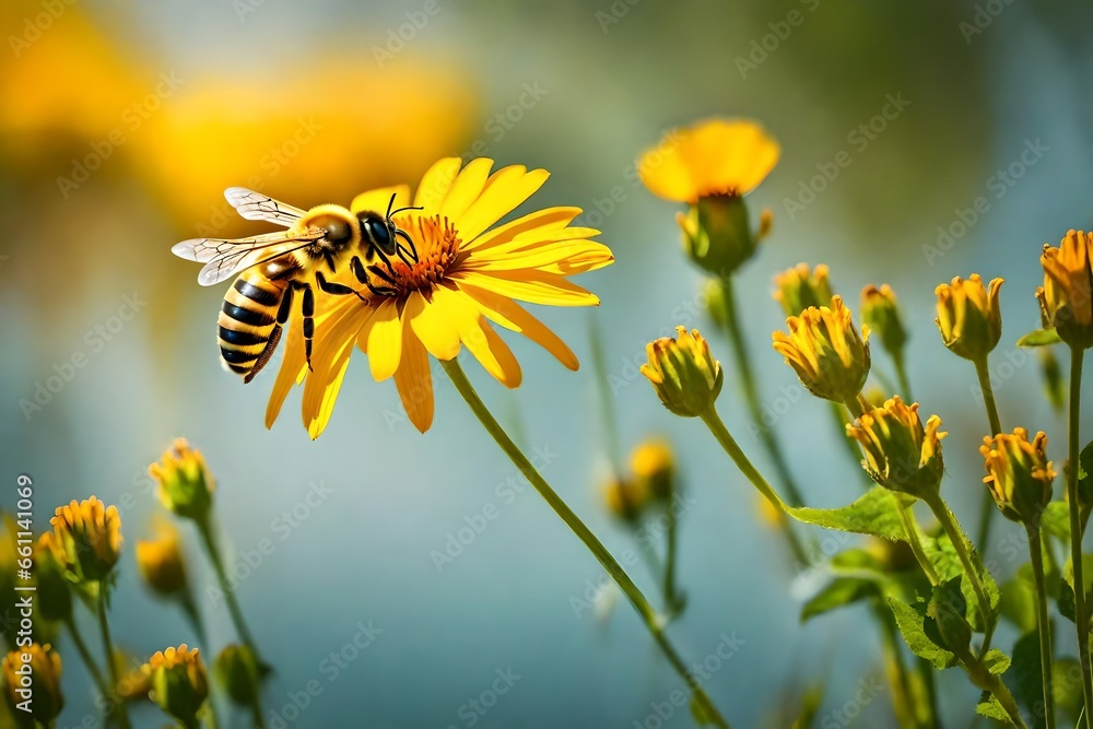 Honey bee and beautiful yellow flower, spring summer season, Wild nature landscape, banner, beauty in Nature