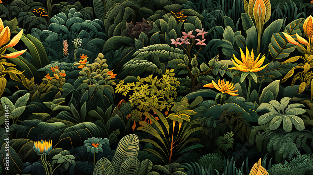 Seamless wallpaper featuring lush jungle scenery adorned with towering trees and vibrant tropical plants.. Seamless wallpaper featuring lush jungle scenery adorned with towering trees and vibrant tropical plants..