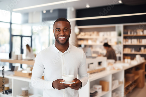 African American man drinks cofee in bookstore photo