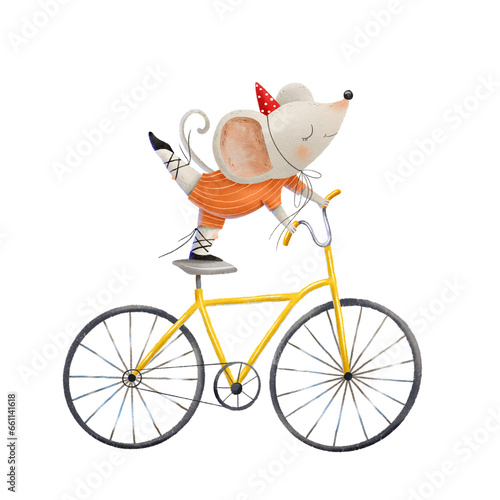 A little mouse in a clown hat and bright overalls rides a yellow bicycle on one leg. Cute fantastic circus illustration. Children's circus show performance