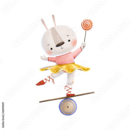 A little bunny gymnast in a fluffy skirt and pointe shoes shows tricks at a circus show. The hare stands on the Trickboard and balances on one leg and with a lollipop in his hand. Cute illustration