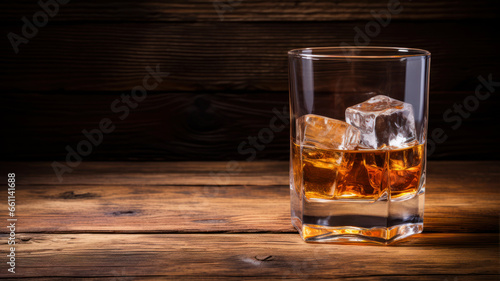 Whiskey on the rocks with ice cubes on old wooden background