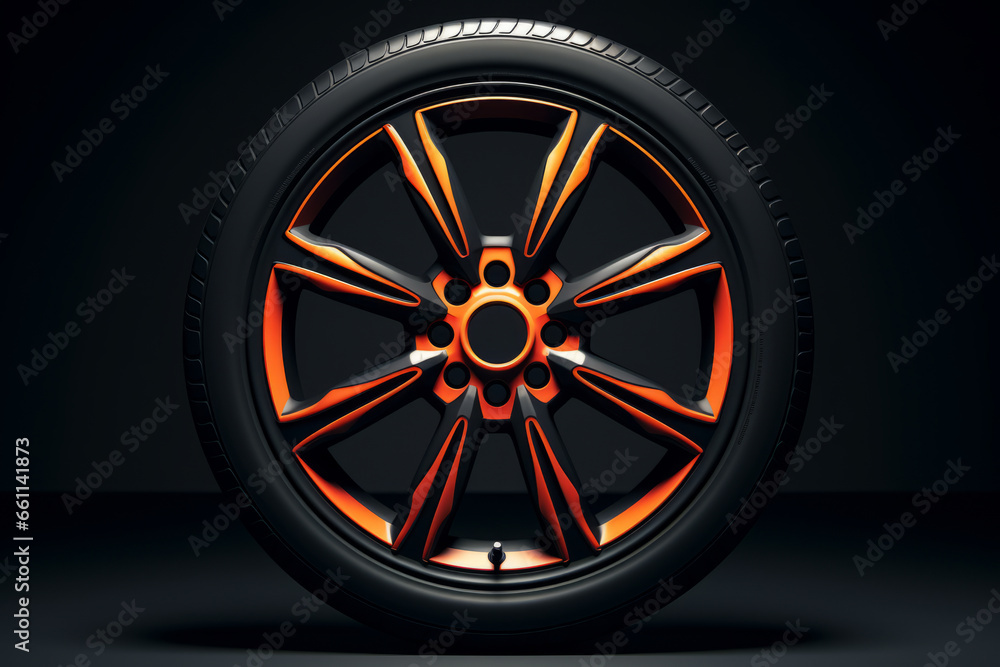Close up of tire on black background with orange accents.