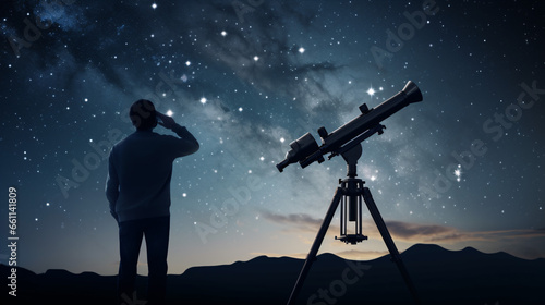 With his astronomy telescope, a man explores the celestial wonders of the night sky