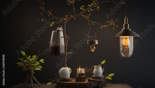 A lamp on top of two pickaxes and two large branches of coffee - AI Generative
