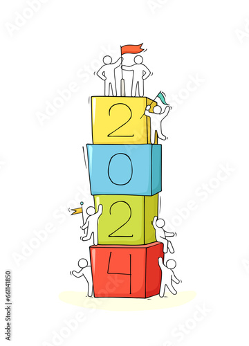 2024 Happy New Year background. Cartoon doodle illustration