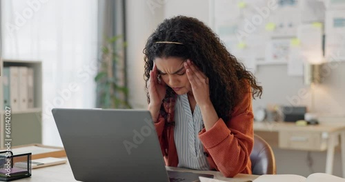 Frustrated woman, laptop and headache in stress, depression or mistake from overworked at office. Tired and exhausted female person with migraine in fail, burnout or anxiety on computer at workplace