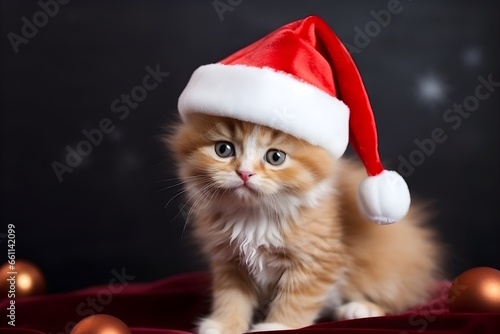 A little red-haired kitten in a Santa Claus hat.