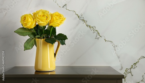 Beautiful flowers Vase pot in the stylish white Marble Table photo