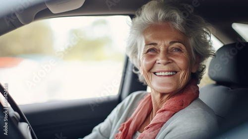 copy space, stockphoto, close up, Senior active woman driving a car. Elderly woman in good health driving a car. Senior healthy woman, traffic. photo