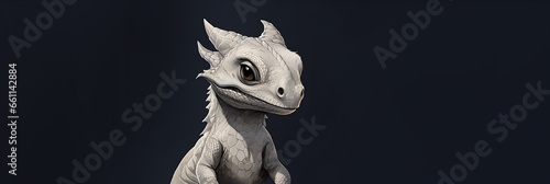 Fantasy White Dragon. Isolated on dark. Head Fantasy monster with big black eyes. Small Funny Cartoon character. Sly smile. Fairytale animal. Solid background. 3d illustration. Copy space. Ai