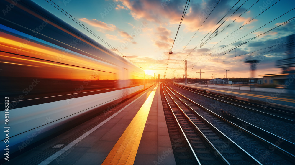 Obraz premium A vibrant and colorful evening sky sets the backdrop for a dynamic railway and train in motion..