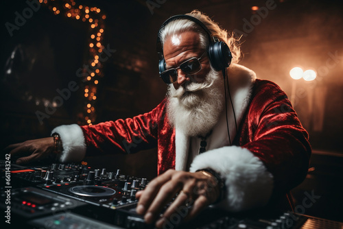 Festive Santa Claus DJ spinnin' holiday tunes at a lively Christmas party
