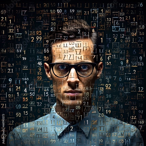 tech background with a businessman with nerdy glasses surrounded by numbers and symbols.