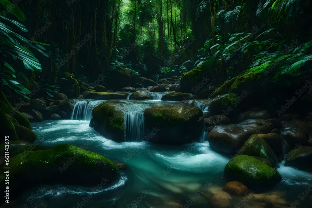 A mindblowing water stream in a lush jungle making it's way through rocks - AI Generative A mindblowing water stream in a lush jungle making it's way through rocks - AI Generative