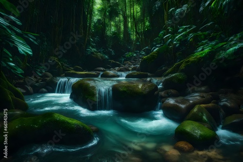 A mindblowing water stream in a lush jungle making it s way through rocks - AI Generative