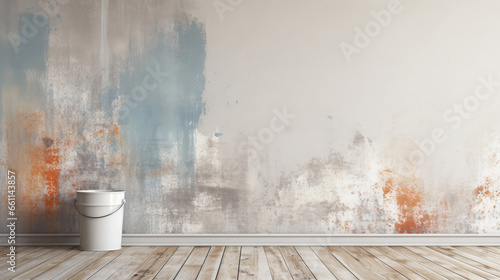 a bucket or jar of paint on the background of a painted wall, repair, construction, house, apartment, painting, colorful, workshop, space for text, bright colors, interior, design, studio