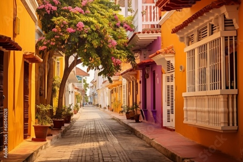 Vibrant street in historic Cartagena, Colombia. Generative AI