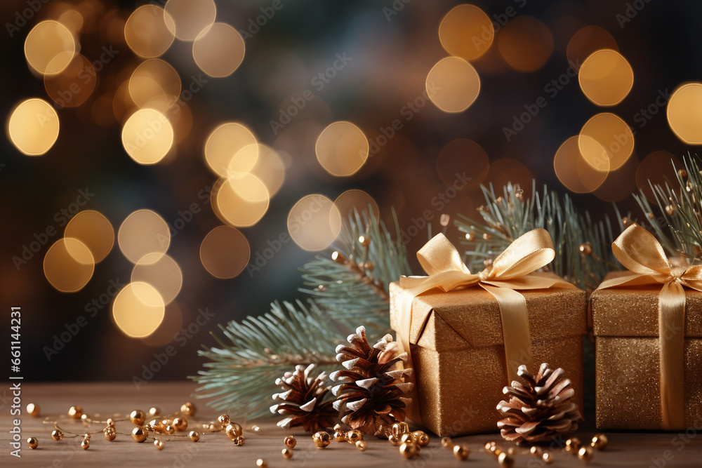 Magical Holiday Season, Gift Boxes, Pine Cones, and Bokeh Garland