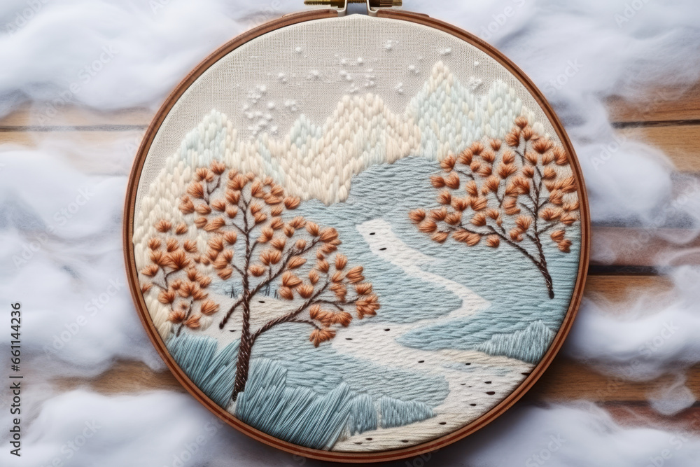 Embroidery winter landscape in circle frame