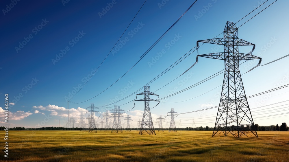 Electric horizons: The sun shines on high-voltage power lines, showcasing the towering structures that underpin our electricity infrastructure, against a vibrant blue sky backdrop