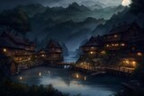 A small town on an island in the middle of a river, dark stone, simple look, beautiful architecture - AI Generative