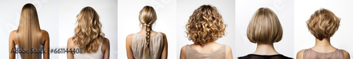 Various haircuts for woman with dark blonde hair - long straight, wavy, braided ponytail, small perm, bobcut and short hairs. View from behind on white background. Generative AI photo