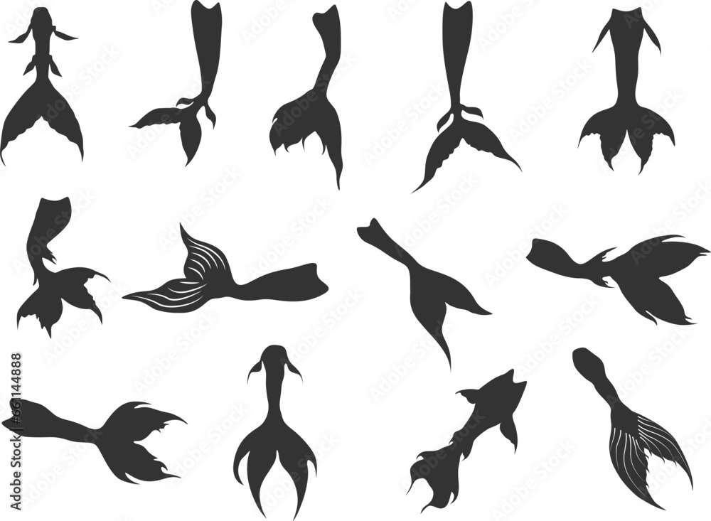 Mermaid tails silhouette, Tail silhouettes, Mermaid tail SVG, Mermaid tail vector illustration - obrazy, fototapety, plakaty 