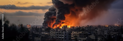 Fotografia Smoke rise from burning bombed destroyed buildings