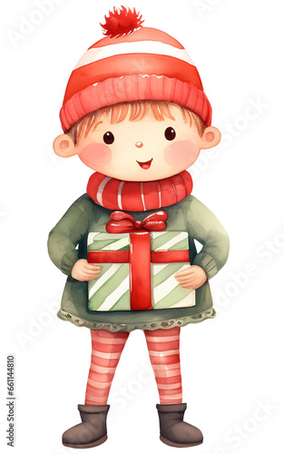 watercolor christmas costume kid with gift box.