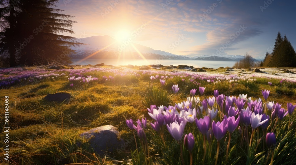 Awaken to spring's beauty: A captivating panorama of a blooming meadow, adorned with spring knot flowers, snowdrops, and crocuses, bathed in the gentle morning sun's glow