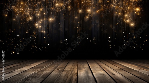 illuminate your designs with the magic of Silvester 2024 - golden fireworks and bokeh lights on rustic black wooden texture, an enchanting choice for greeting cards and event backgrounds. photo