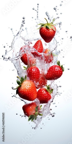 strawberries falling into a splash of water isolated from its background