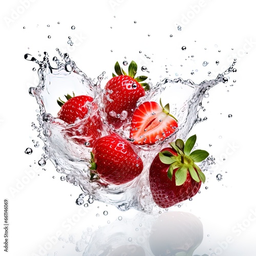 strawberries falling into a splash of water isolated from its background