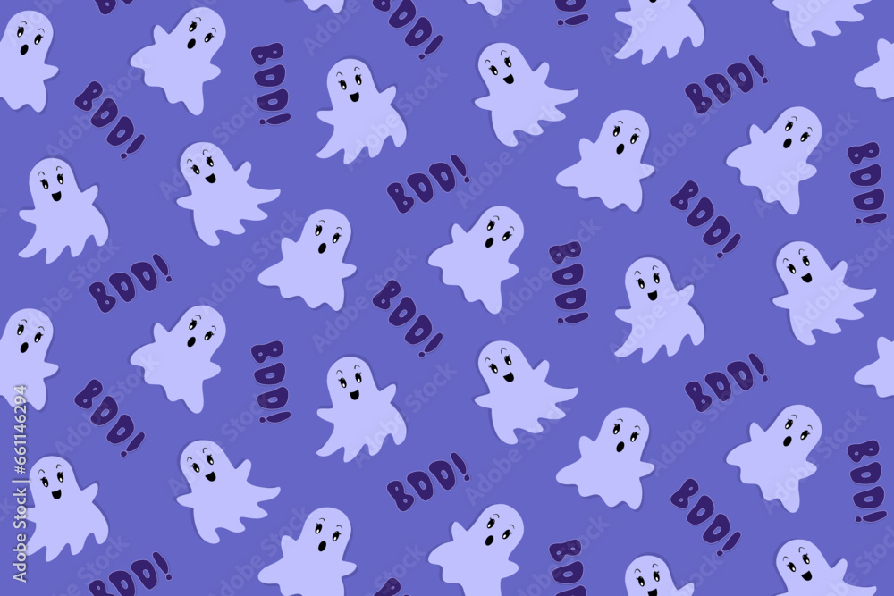 Cute Ghosts saying Boo. Halloween Vector Seamless Pattern. Flat Cartoon style. Blue and Violet Background Cute Ghosts saying Boo. Halloween Vector Seamless Pattern. Flat Cartoon style. Blue and Violet Background