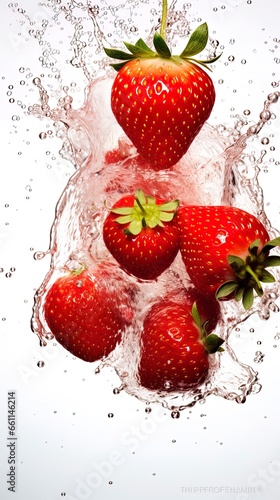 strawberries falling into a splash of water isolated from its background