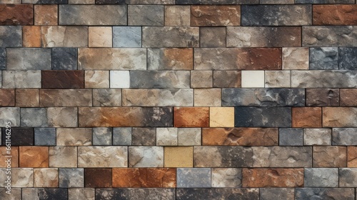 Vintage charm  An old brown and gray rusty square mosaic of patchwork motif tiles adorns the aged concrete wall  creating a shabby  retro texture for your wallpaper background