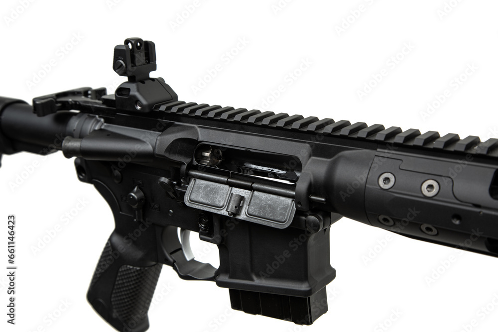 Modern automatic rifle isolated on white. Weapons for police, special forces and the army. Automatic carbine with mechanical sights. Modern automatic rifle isolated on white. Weapons for police, special forces and the army. Automatic carbine with mechanical sights.