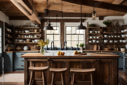 A cozy farmhouse-style kitchen with warm wooden elements - AI Generative © Being Imaginative