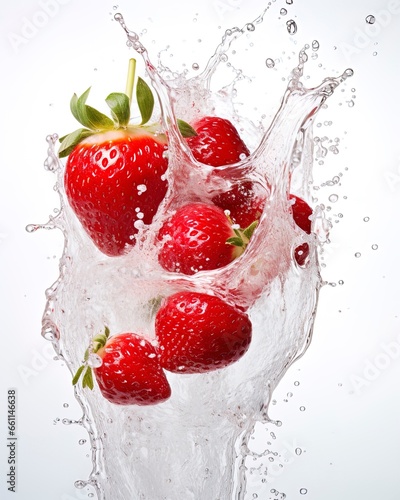 strawberries falling into a splash of water isolated from its background