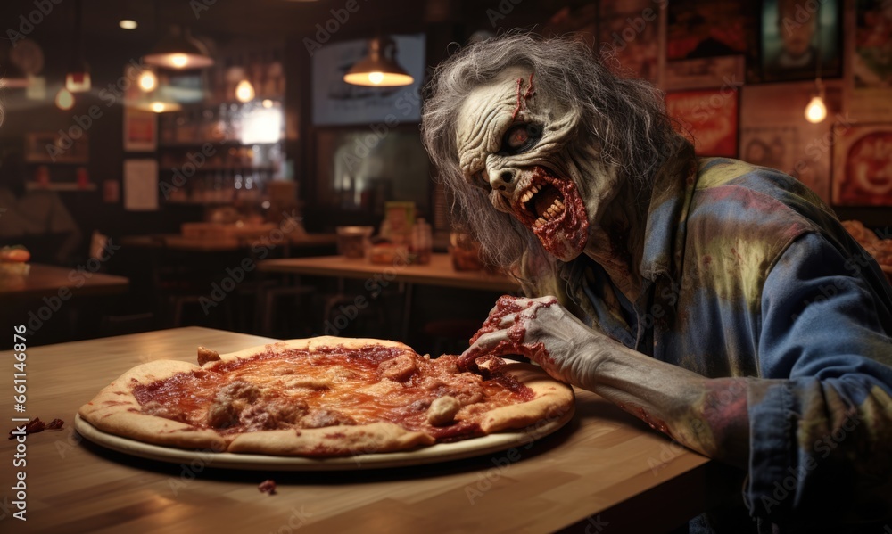 Hungry Zombie having pizza sitting at a italian restaurant 