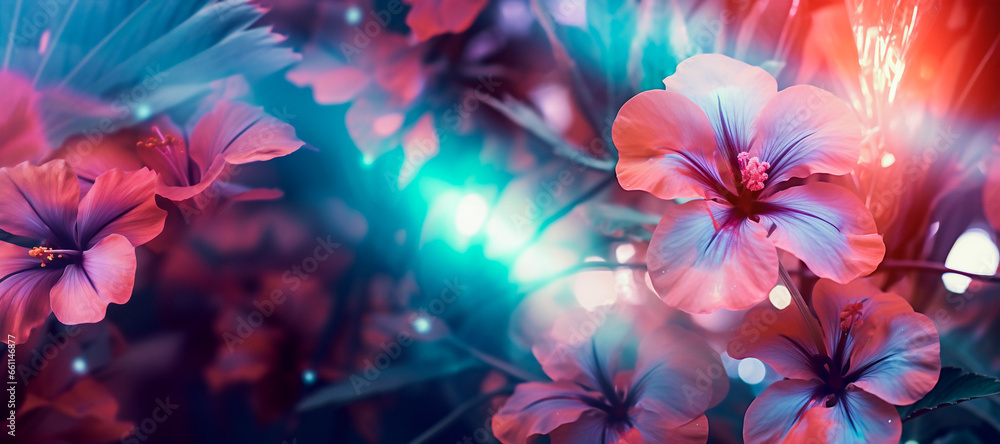 A group of pink and orange hibiscus flowers in full bloom. The background consists of a dark blue and purple gradient with a bokeh effect. Dreamy and surreal mood. A group of pink and orange hibiscus flowers in full bloom. The background consists of a dark blue and purple gradient with a bokeh effect. Dreamy and surreal mood.